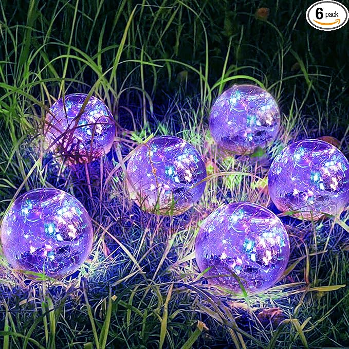 Solar Garden Lights Outdoor Waterproof, 6 Pack Cracked Glass Ball Light, Ground Landscape Garden Decor, Solar Globe Decorative for Pathway/Patio/Lawn/Yard (Multicolor, 3.9")-Ruum Studio Home