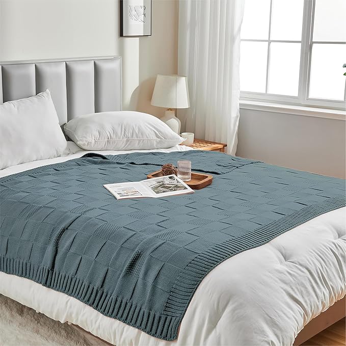 CozeCube Check Knit Throw Blanket, Dusty Blue Checkered Throw for Couch, Decorative Christmas Soft Cozy Warm Knitted Blanket for Bed Sofa Living Room, 60"X80"-Ruum Studio Home