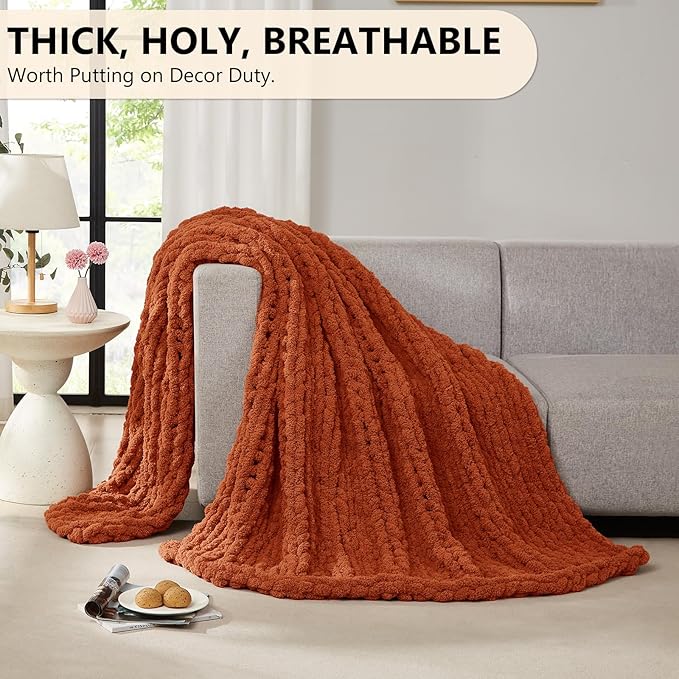 L'AGRATY Chunky Knit Blanket Throw: 60''x80'' Chenille Chunky Knitted Throw Blanket for Bed Couch - Handmade Thick Big Cable Knit Blanket - Large Crochet Rope Blanket for Home Decor(Rusty Orange)-Ruum Studio Home