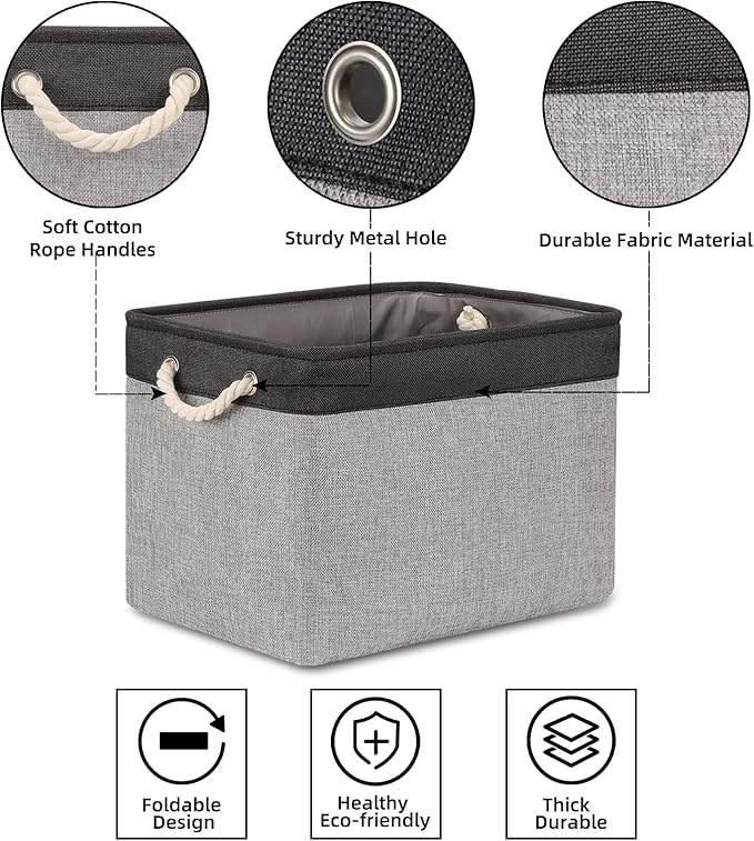 Bidtakay Fabric Storage Baskets with Handles [2-Pack] Large Canvas Organizer 16" X 11.8" X 11.8" Foldable Tall Baskets Rectangular Gift Basket Decorative Storage Bins for Closet, Home(Black&Grey)-Ruum Studio Home