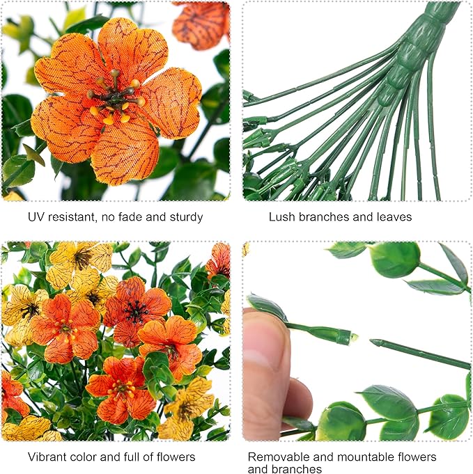 INSPRING Artificial Flowers for Outdoors Fake Mums Hanging Plants Decor, 2Pcs Silk Daisy with Eucalyptus UV Resistant Look Real Trailing Vines for Planter Front Door Patio Yard, OrangeYellow-Ruum Studio Home