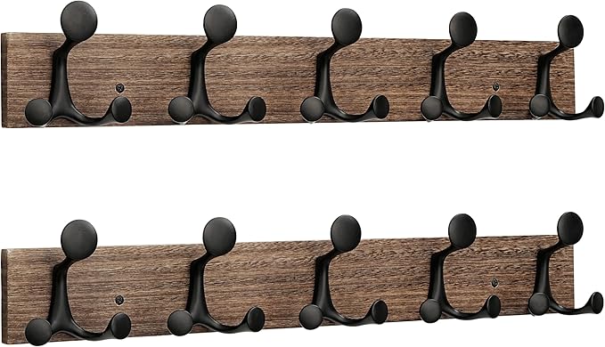 SKOLOO 24-Inch Wood Burnt Coat Rack Wall Mount with 5 Triple Hooks - Ideal for Family Entrances, Classrooms, and Pet Supplies Storage - Perfect Coat Hooks for Wall, Pack of 2-Ruum Studio Home