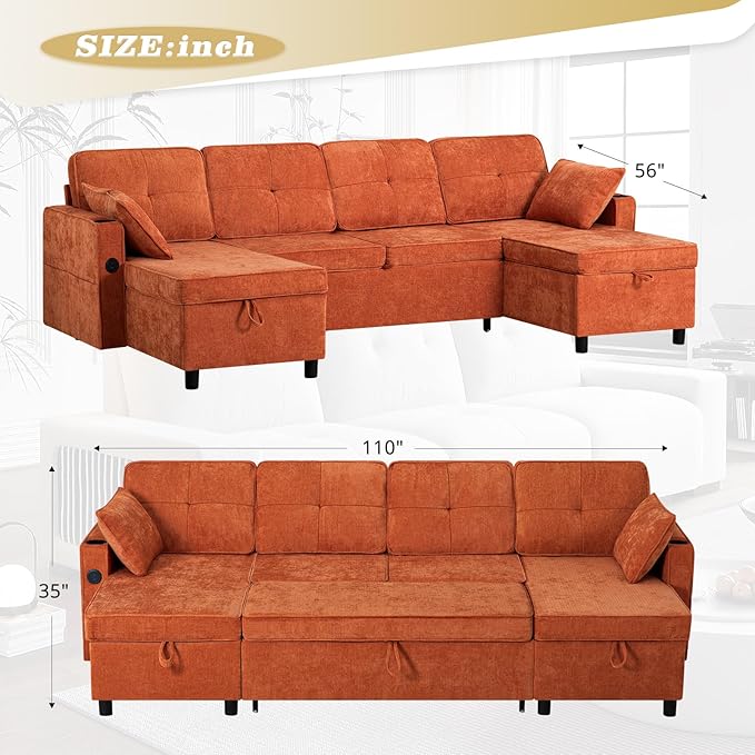 ACMEASE110“ Inches L-Shaped Pull Out Sofa Bed w/Storage Chaise & Adjustable Back, Chenille Sectional Sofa w/USB Port,Tufted Sleeper Couch w/Cup Holders for Living Room, Orange-Ruum Studio Home