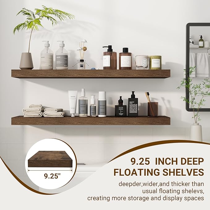 36 Inch Floating Shelves, 36"x9.25"x1.5" Inch Deep Floating Shelves for Wall, Wooden Shelves for Bathroom, Bedroom, Living Room, Brown-Ruum Studio Home