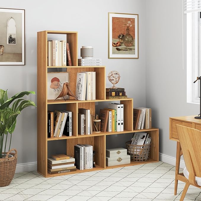 Tangkula 4-Tier Stepped Bookshelf, Freestanding 6 Cubes Ladder Bookcase with Anti-Tipping Kits, 64" Tall Modern Wooden Storage Display Rack for Home Office Living Room Study (1, Natural)-Ruum Studio Home