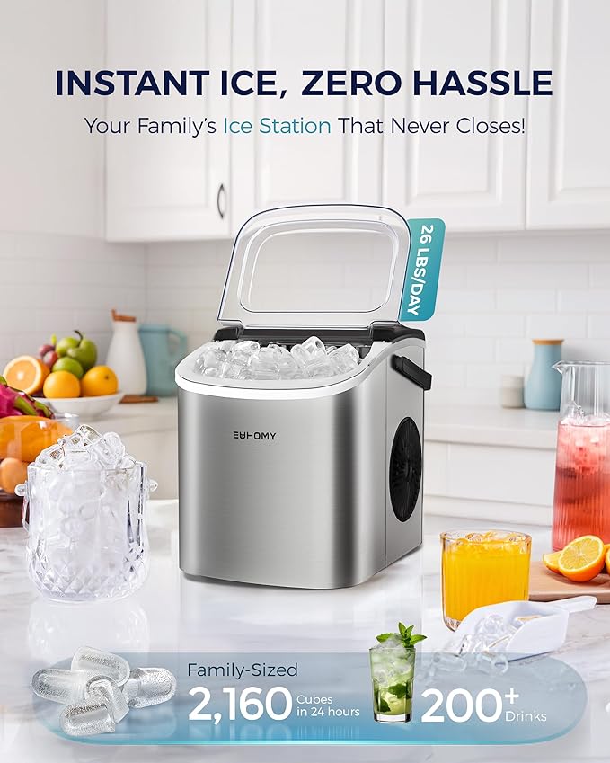 EUHOMY Countertop Ice Maker Machine with Handle, 26lbs Per Day, 9 Ice Cubes Ready in 6 Mins, Auto-Cleaning Portable Ice Maker with Basket and Scoop, for Home/Kitchen/Camping/RV (Silver)-Ruum Studio Home