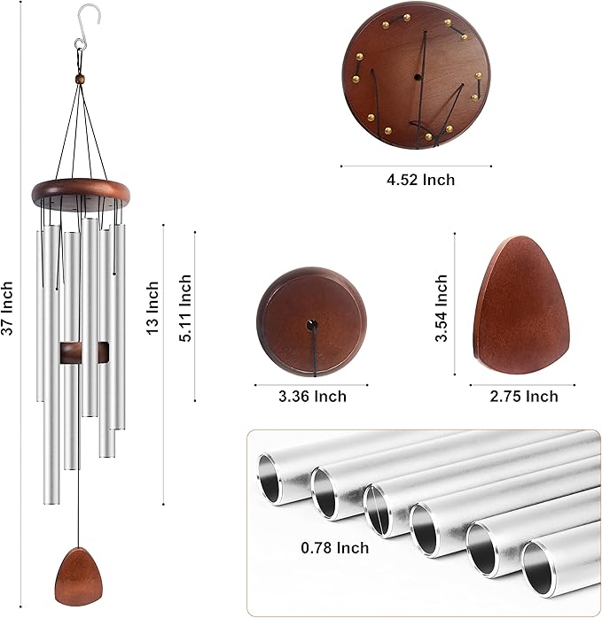 Large Aluminium Wind Chimes 37 Inches to Create a Zen Atmosphere Suitable for Outdoor, Garden, Patio Decoration. Classic Wind Chimes with Wind Catcher Suitable as A Gift for Unisex(Silver)-Ruum Studio Home