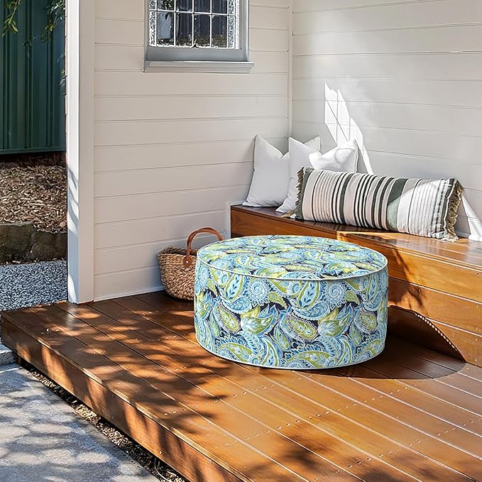 Inflatable Ottoman Stool D31 xH14 for Outdoor/Indoor Use, Water Repellent Patio Foot Rest with Portable Handle,Round Pouf Ottoman Suitable for Garden,Deck and Camping - Paisley Lapis Green-Ruum Studio Home