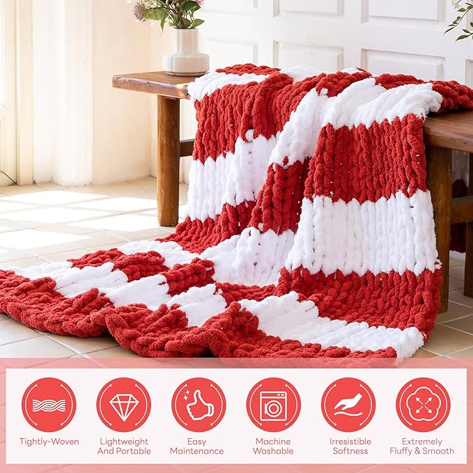 Chunky Knit Blanket - Luxury Soft Cozy 50 * 60 Throw Blanket,100% Woven Blanket Rope Knot Throw Blanket for Couch, Sofa, Home Decor, Gift - Machine Washable（White/Wine red）-Ruum Studio Home