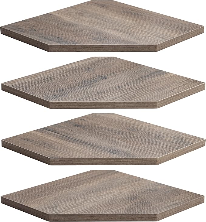 Corner Shelf Wall Mount, Corner Floating Shelves, Set of 4 Corner Wall Shelf Organizer, Rustic Wood Wall Storage Display Shelves for Living Room Bedroom Bathroom Kitchen, Rustic Grey-Ruum Studio Home