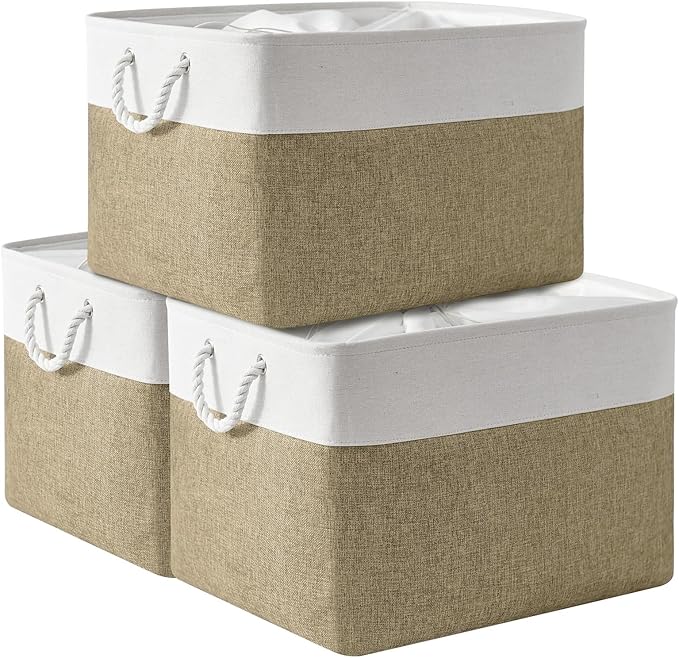 TheWarmHome Organization Basket - 20x16x14 inch Jumbo 3 Pack Collapsible Storage Bins for Shelves, Fabric Storage Cubes for Closet Organizer Gift Toy (White & Khaki)-Ruum Studio Home