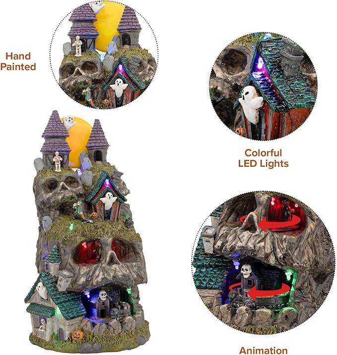 Skullstone Hollow Skull Theme Spooky Halloween Village Multi-Color LED Lights, Animated Motion and Music 7.75" x 7.5" x 13.5"-Ruum Studio Home
