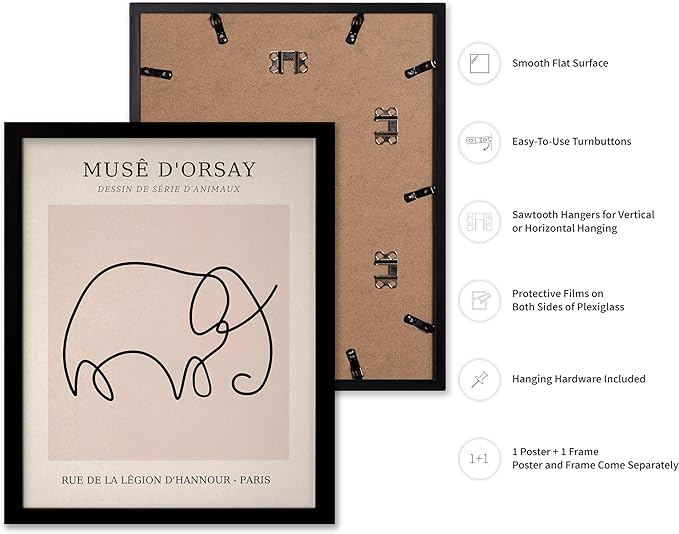 Poster Master Vintage Poster - Retro One Line Elephant Drawing Print - Elephant Art - Minimal Gift for Men, Women, Animal Lover - Abstract Wall Decor for Home, Office, 11x14 Black Framed-Ruum Studio Home
