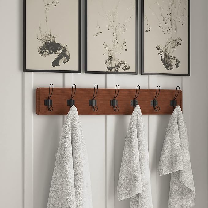 HBCY Creations Rustic Brown Solid Wood Wall Mounted Coat Rack with Shelf, 7 Hooks, 34" Long - Kitchen, Mudroom, Entryway, Bathroom - Includes Mounting Hardware, Coat Hanger, Dog Leash Hooks-Ruum Studio Home