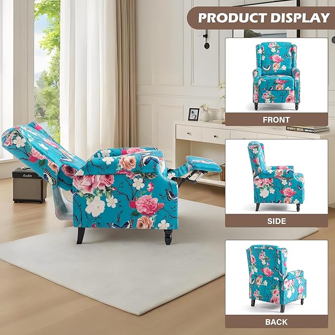UIXE Floral Pushback Recliner Chair, Fabric Upholstered Armchair Push Back Accent Chair for Living Room, Rivet Trim Club Chair Home Theater Single Sofa Reading Seat - Peacock Blue-Ruum Studio Home