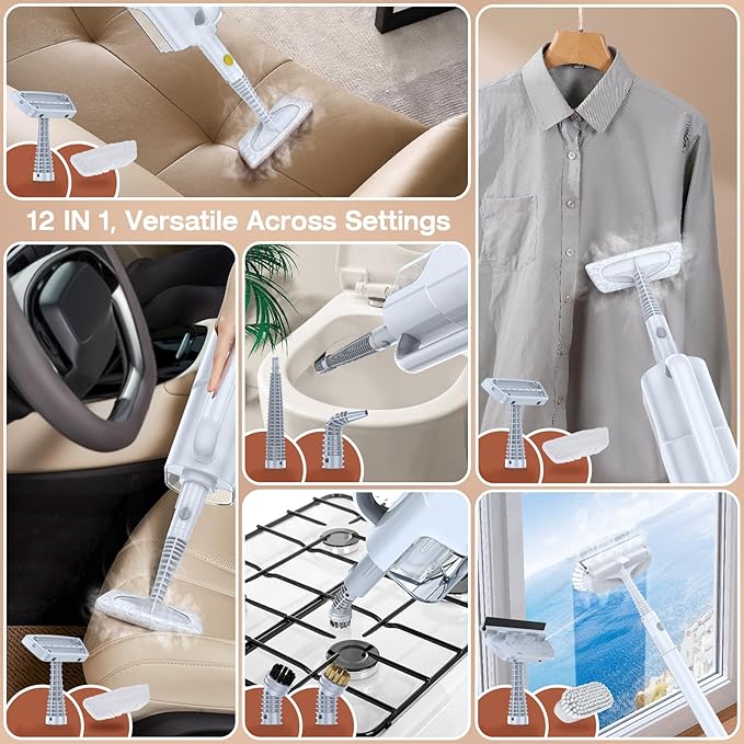 ScrubWiz Steam Mop Cleaner with Detachable Handheld Steamer, 10-in-1 Multi Accessories, Washable Microfiber Pads, 350ml and 2 Adjustable Level for Cleaning Floor, Carpet, Tile, and Grout, Light White-Ruum Studio Home