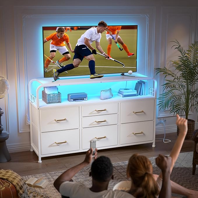 TV Stand for Bedroom with LED Lights & Charging Station, 7 Drawer with Open Shelf, Media Console for Living Room & Chest of Drawers for Closet, Entryway, Hallway, 4 Hooks, White-Ruum Studio Home