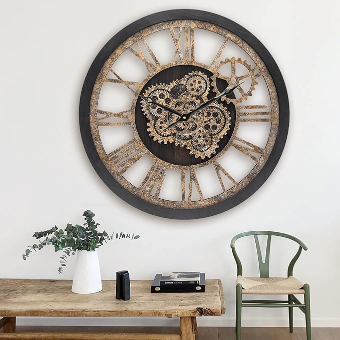 HOIBAI Large Wall Clock, 24 Inch Wall Clocks for Living Room Decor Farmhouse Vintage Rustic Kitchen Wall Decor Vintage Roman Big Oversized Wall Clock for Home Bedroom House Office, Moving Gears Clock-Ruum Studio Home