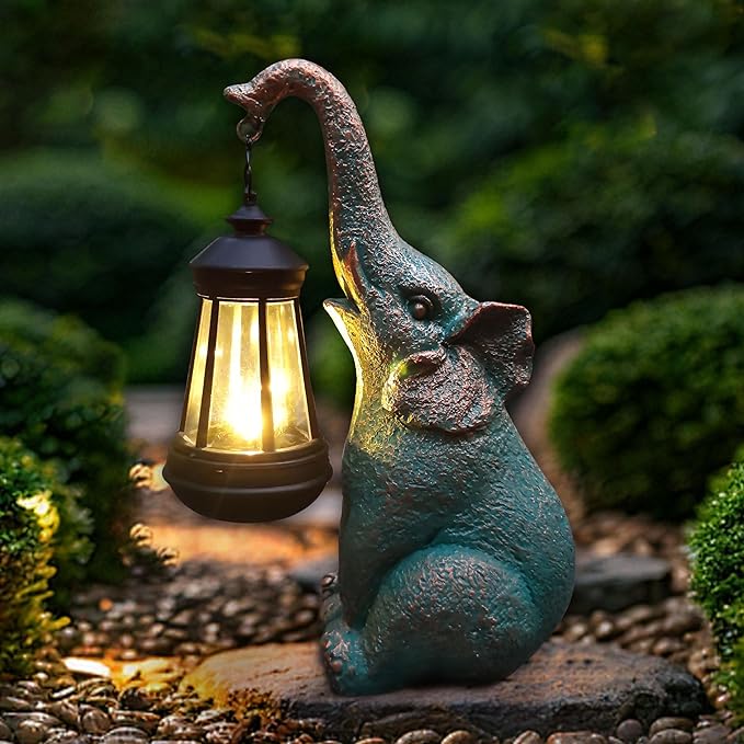 Elephant Garden Statue Outdoor Décor with Solar Lights Lantern,Elephant Solar Light Figurines Outside Decorations for Yard，Lawn Patio, Balcony, Unique Housewarming Gifts-Ruum Studio Home