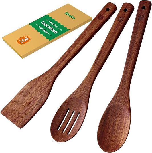 Riveira Teak Wooden Spoons for Cooking Set of 3 – Natural Teak Wooden Cooking Utensils, Wooden Spatula, Wooden Spoon - Premium Quality Wooden Utensil Set for Non-Toxic Cooking-Ruum Studio Home