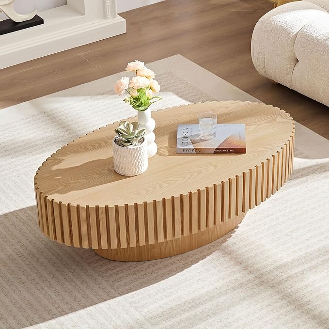 Oval Coffee Table for Living Room, Modern Fluted Coffee Tables with Pedestal Base, Handcrafted Centre Tea Tables Easy Assembly-43.7" Natural-Ruum Studio Home