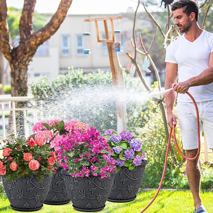 4 Pack 12 Inch Large Flower Pots for Outdoor Indoor, Plastic Plant Pots with Drainage Hole & Saucer, Modern Decorative Garden Pot, Imitation Magnolia Pots for Garden House Planters（Gray）-Ruum Studio Home