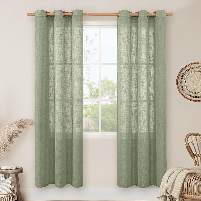 LAMIT Linen Curtians for Living Room 80 Inch Length, Bronze Grommet Light Filtering Semi Sheer Neutral Lightweight Rustic Farmhouse Boho Drapes for Bedroom, 2 Panels, Sage Green, 34 x 80 Inch-Ruum Studio Home
