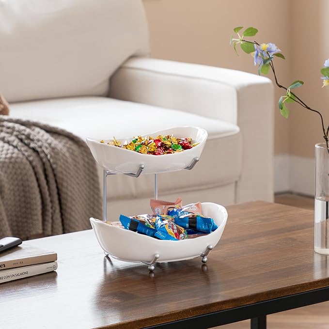 HBlife Fruit Bowl for Kitchen Counter - 2 Tier Ceramic Fruit Bowl with Metal Stand, Tiered Fruit Basket for Kitchen Counter, Serving Platters Serving Trays for Party-Ruum Studio Home