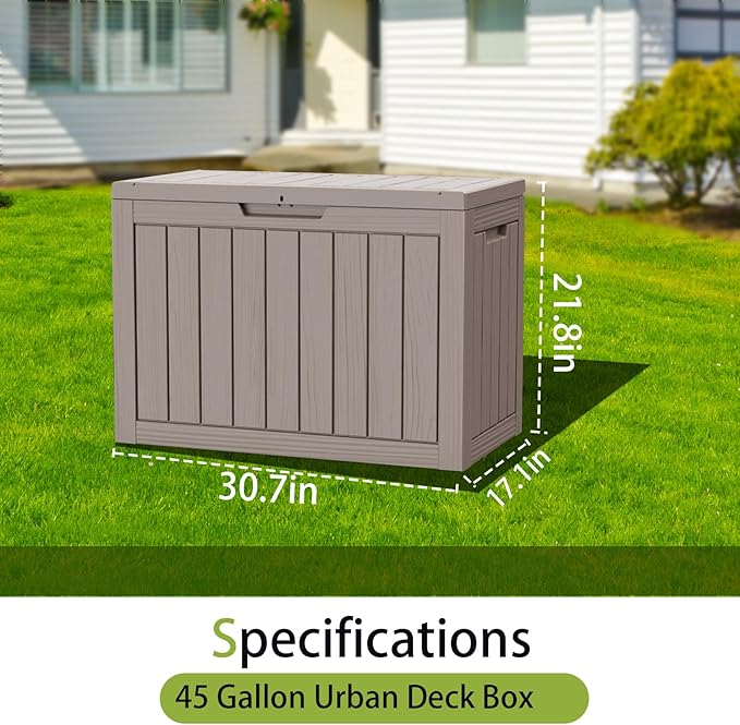 45 Gallon Outdoor Storage Box Waterproof Lockable Resin Deck Box Large, Patio Storage Bin for Pool Accessories Cushion Furniture, Garden Tools, UV-Resistant Outside Delivery Light Coffee-Ruum Studio Home