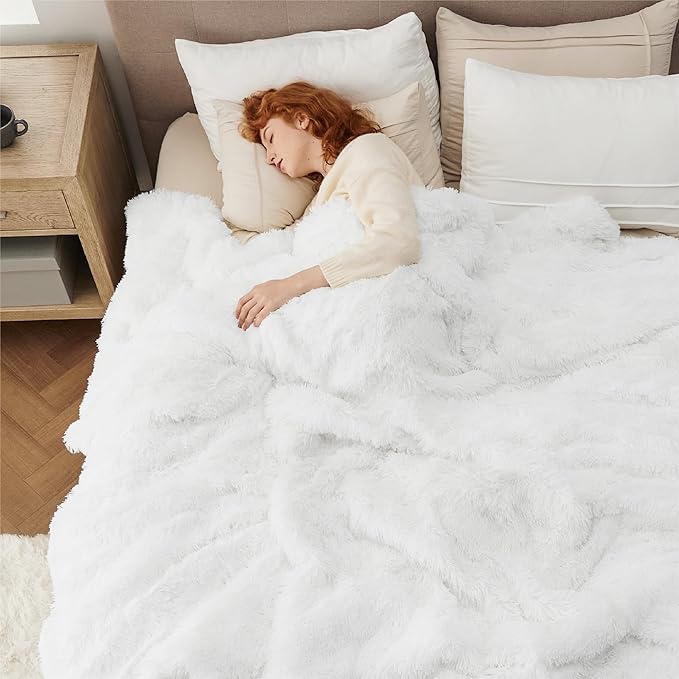 Bedsure GentleSoft Fluffy White Blankets Queen Size for Bed, Thick Sherpa Faux Fur Fleece Fuzzy Plush Winter Warm Heavy Soft Queen Blankets, Bedroom Decor White Gifts Cozy Gifts for Women Men, 90x90-Ruum Studio Home