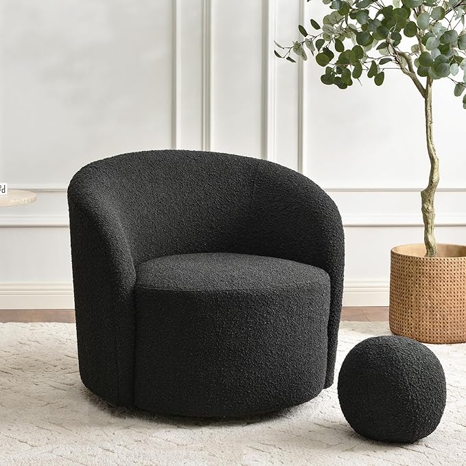 KINWELL Sherpa Swivel Barrel Chair & Round Ball Pillow Set - 34" Wide Modern Boucle Accent Chair with 9” Matching Nordic Decorative Throw Pillow for Living Room and Bedroom(Black)-Ruum Studio Home