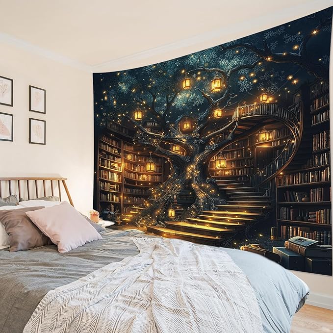 HVEST Fantasy Library Bookshelf Tapestry Wall Hanging Fairytale Tree Magic Bookshelf Tapestry Aesthetic Retro Vintage Tapestries for Bedroom Living Room Dorm, 51L x 59W Inches-Ruum Studio Home