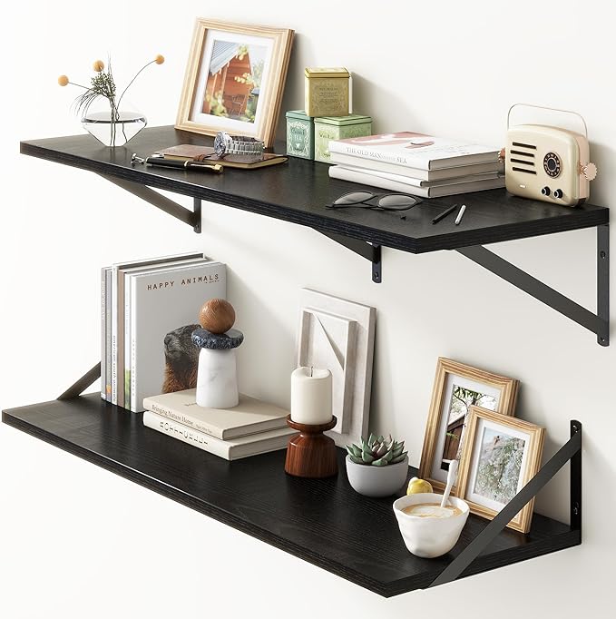 36"W x 12"D Floating Shelves, Black Deep Floating Shelves for Wall with Brackets, 12 Inch Deep Wall Shelves for Books, Wide Display Storage Shelves for Bathroom, Living Room, 36 Inch Long, Set of 2-Ruum Studio Home