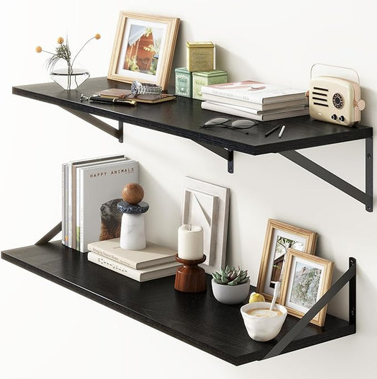 36"W x 12"D Floating Shelves, Black Deep Floating Shelves for Wall with Brackets, 12 Inch Deep Wall Shelves for Books, Wide Display Storage Shelves for Bathroom, Living Room, 36 Inch Long, Set of 2-Ruum Studio Home