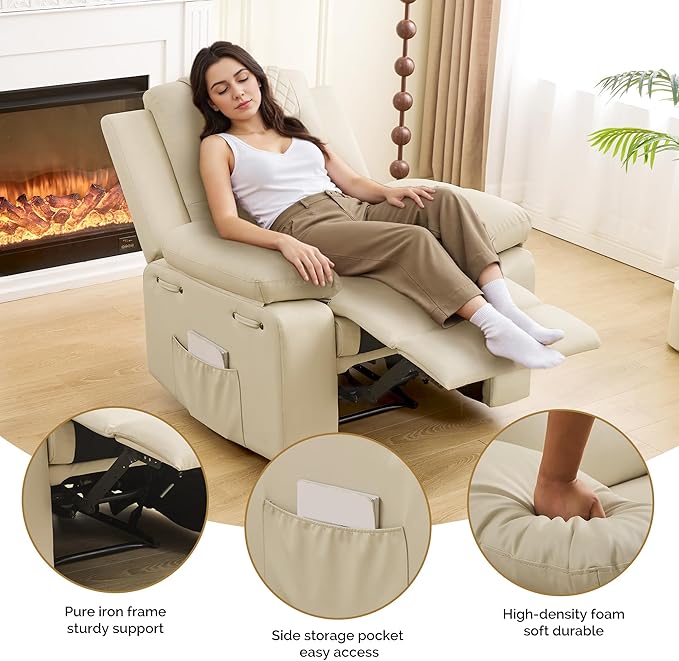 Recliner Chair with Electric Massage Adjustable Footrest & Heat, Manual Leather Recline for Adults Living Room Remote Control (Beige)-Ruum Studio Home