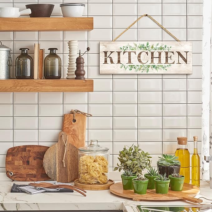 Kitchen Sign Wall Decor, Kitchen Wall Art with Plant Print, Rustic Farmhouse Wall Hanging Plaque Home Kitchen Decorative Kitchen, 4.7 x 13.7 inches-Ruum Studio Home