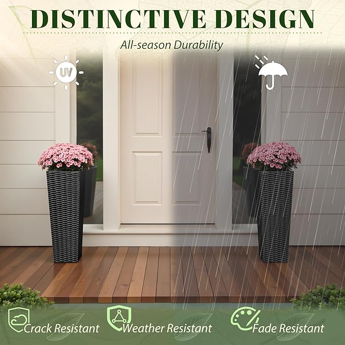 JUMMICO Set of 2 Resin Rattan Tall Planters for Outdoor Plants, Large Tapered Planters with Drainage Holes&Inner Trays, Flower Pots for Garden, Patio, Porch, Backyard (Black, 24'')-Ruum Studio Home