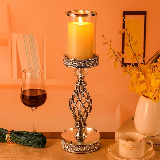 Hanjue Crystal Candle Holders for Pillar Candle, Metal Crystal Candle Holder for Home Decor, Centerpieces, Coffee Dining Table CH0509 (Silver (L))-Ruum Studio Home