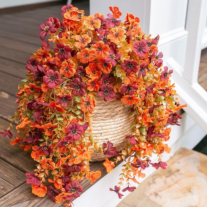 INSPRING Fake Autumn Flowers for Outdoors, 2Pcs Artificial Fall Light Orange & Brown Daisy Outside Decor, Fake Hanging Decoration, Realistic Plants, Silk Flower for Porch Patio Balcony Planter-Ruum Studio Home