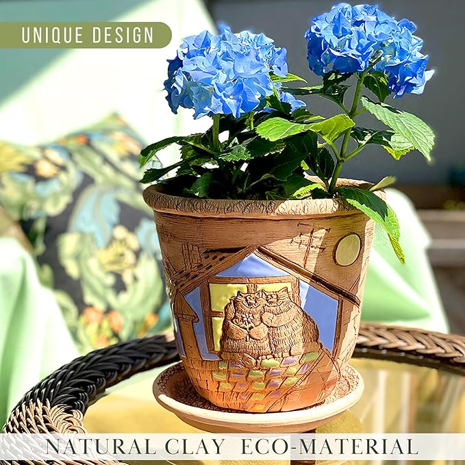 Ceramic Pot with Drainage Hole and Saucer, Plant Pots, Modern Decorative Planters for House Plants Indoor Flowers Plants, Cute Flower Pot - Gifts (Cats (3 L))-Ruum Studio Home