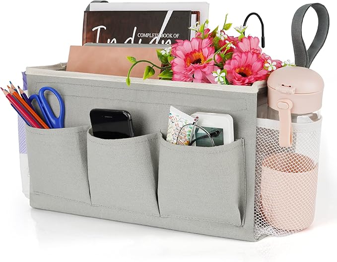 Bedside Storage Organizer with Fixed Straps and Water Bottle Holder for Home, College, Dorm, Bunk / Hospital Bed, Crib Bed Rails (Grey)-Ruum Studio Home