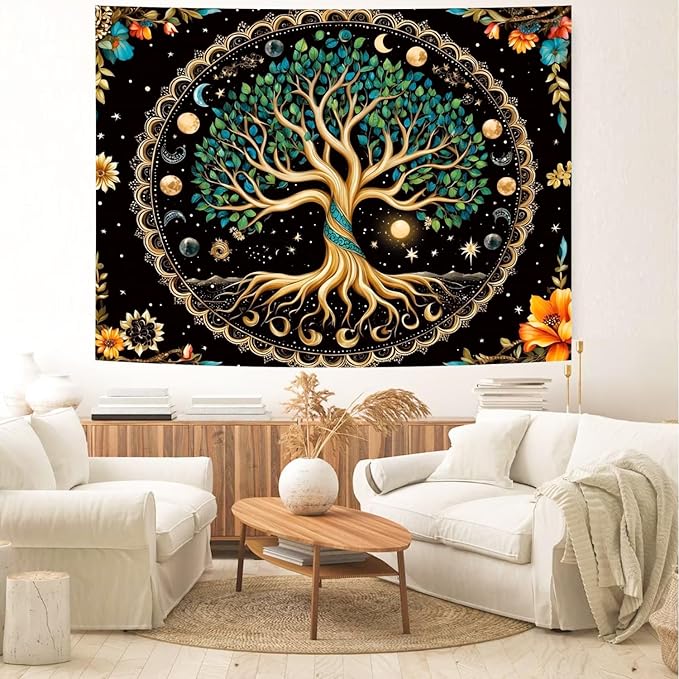 Delur Tree of Life Tapestry Moon Phase Nature Flower Plant Tapestry Wall Hanging Boho Mandala Spiritual Sun Aesthetic Psychedelic Headboard for Bedroom Living Room Home Decor (51.2" x 59.1")-Ruum Studio Home