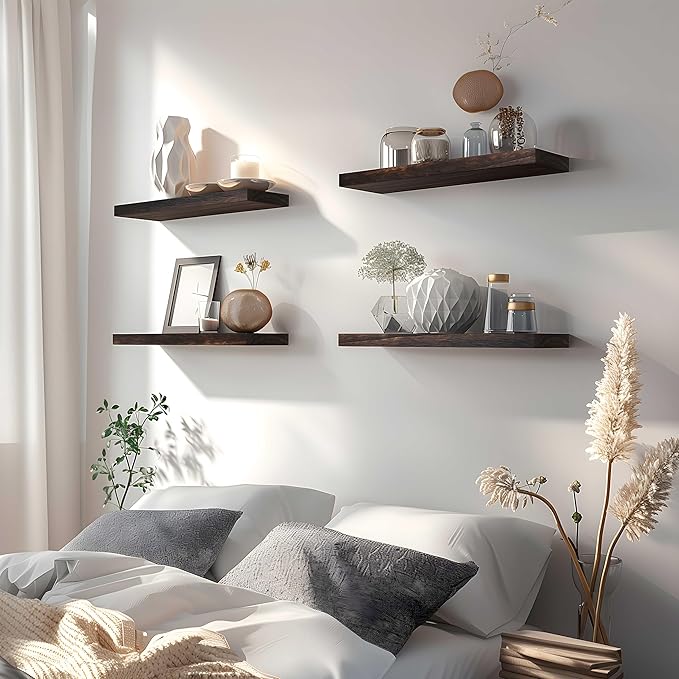 Brown Wood Floating Shelves for Wall Rustic Wall Shelves for Bedroom Set of 6-Ruum Studio Home