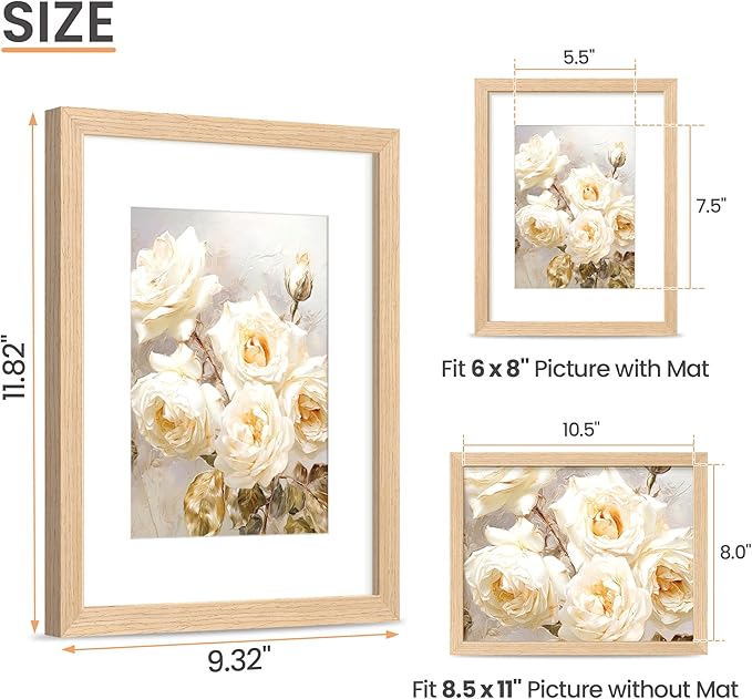 upsimples 8.5 by 11 Picture Frame, Natural Solid Wood Picture Frames, Display 6x8 with Mat or 8.5 x 11 Without, Wall or Tabletop, 1 Pack, Natural