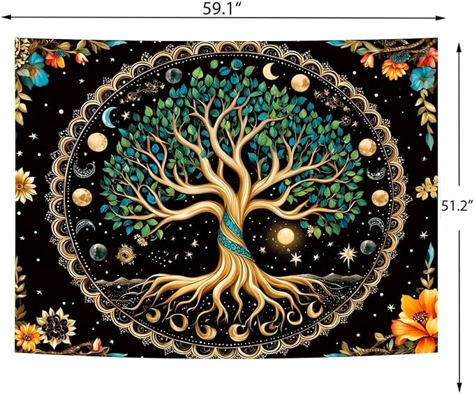 Delur Tree of Life Tapestry Moon Phase Nature Flower Plant Tapestry Wall Hanging Boho Mandala Spiritual Sun Aesthetic Psychedelic Headboard for Bedroom Living Room Home Decor (51.2" x 59.1")-Ruum Studio Home