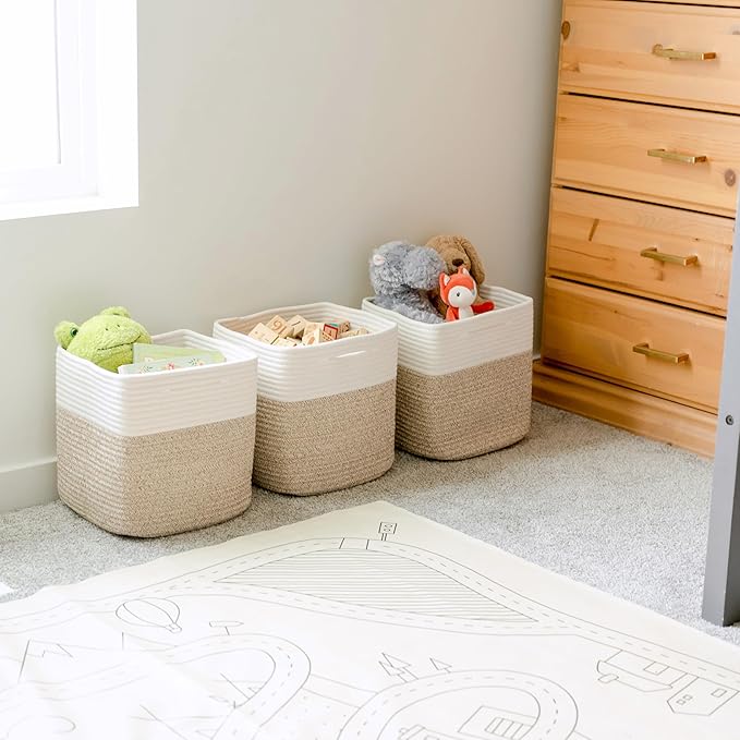 NaturalCozy 13 Inch Cube Storage Bins Cotton Rope Woven Baskets for Organizing 3-Pack | 13 x 13 Storage Cubes | Fabric Square Storage Baskets for Shelves Organizer, Kids Toy Bins, Closet Baby Nursery-Ruum Studio Home