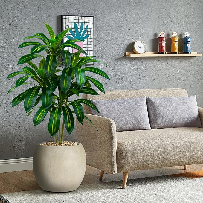 Artificial Dracaena Tree Artificial Silk Tree Faux Tree with White Tall Planter Fake Tropical Yucca Floor Plant (1, White Planter, 4 FT)-Ruum Studio Home