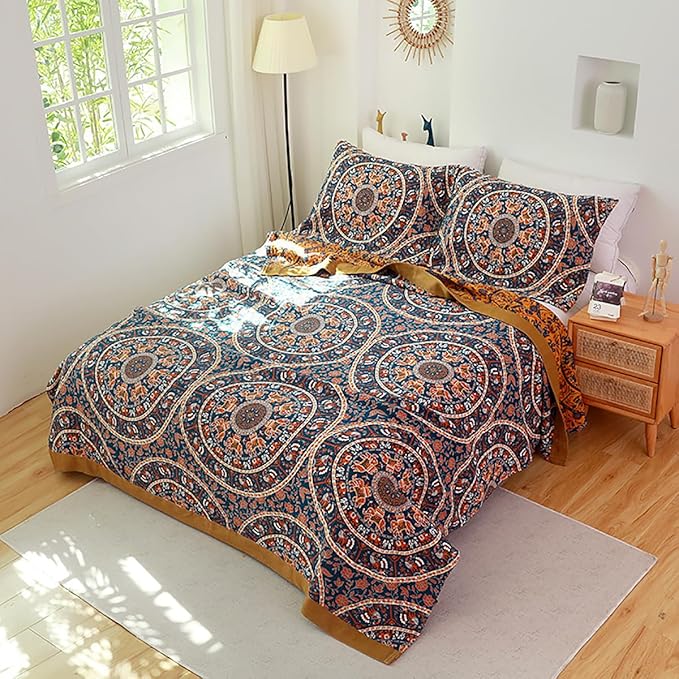 Boho Muslin Blanket for Adults 4-Layer Gauze 80 x 90 Inches Soft Cozy 100% Cotton Summer Cooling Blanket Circle Geometric Decor for Sofa Bed Coverlet Both Sides (A Luck Wheel, 80 x 90 in)-Ruum Studio Home