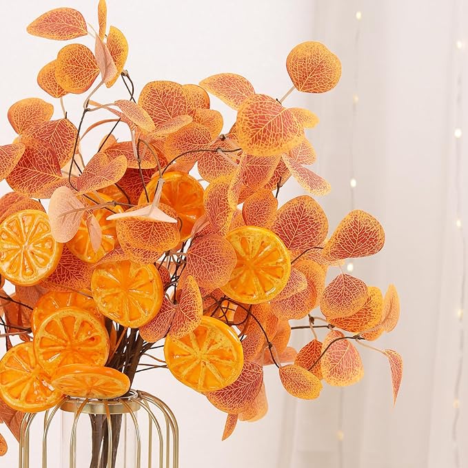 Eucalyptus Stems, 4PCS Artificial Lemon Stems Faux Citrus Branches Plastic Decor for Kitchen, Table Centerpieces, Entryway, Thanksgiving Wedding Party (Orange)-Ruum Studio Home