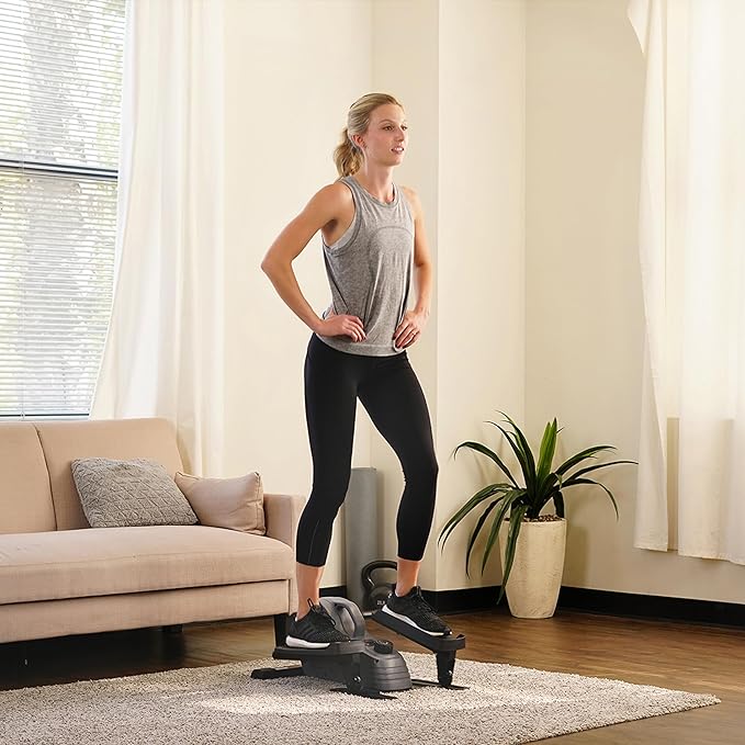 Sunny Health & Fitness 2-in-1 Sit/Stand Mini Elliptical Machine, Portable Under Desk Peddler Exerciser for Senior Home Workout, Optional Free Sunnyfit App Bluetooth Link, Handlebars or Resistance Band-Ruum Studio Home